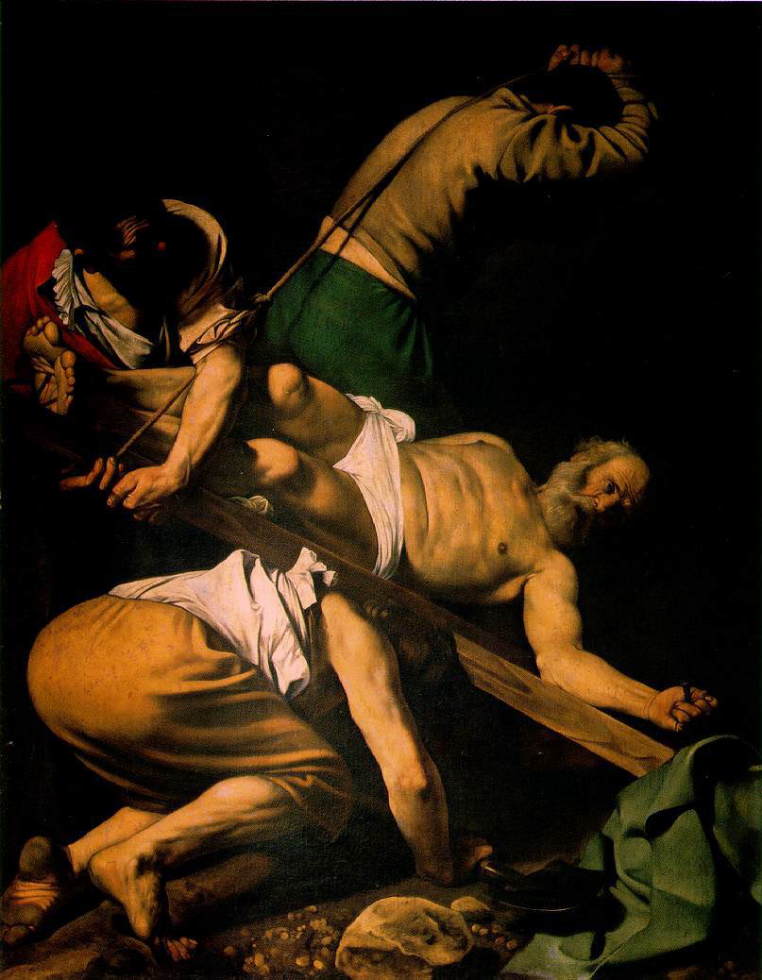 カラヴァッジョ　「聖ペテロの磔刑」　 1600-1601　230x175cm　　ローマ　サンタ・マリア・デル・ポポロ聖堂チェラージ礼拝堂